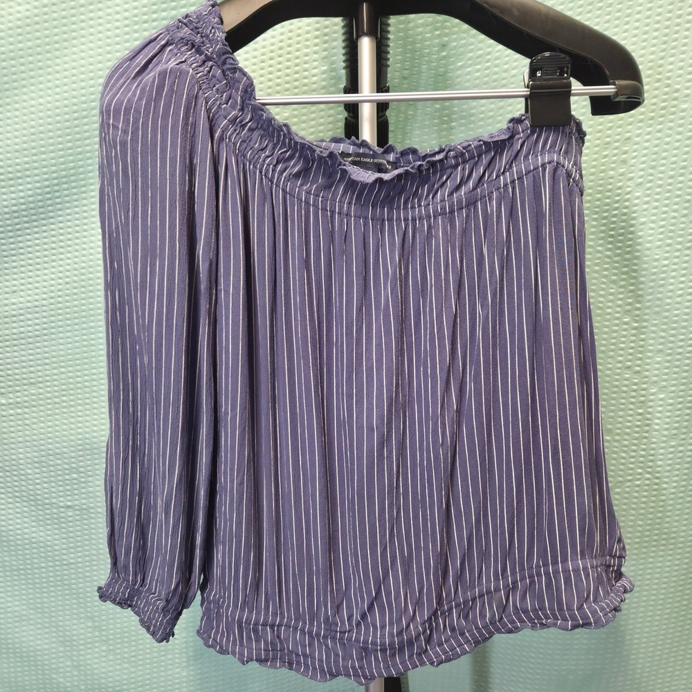 American Eagle Top Womens Medium Blue Stripe Viscose One Shoulder Boho Relaxed M